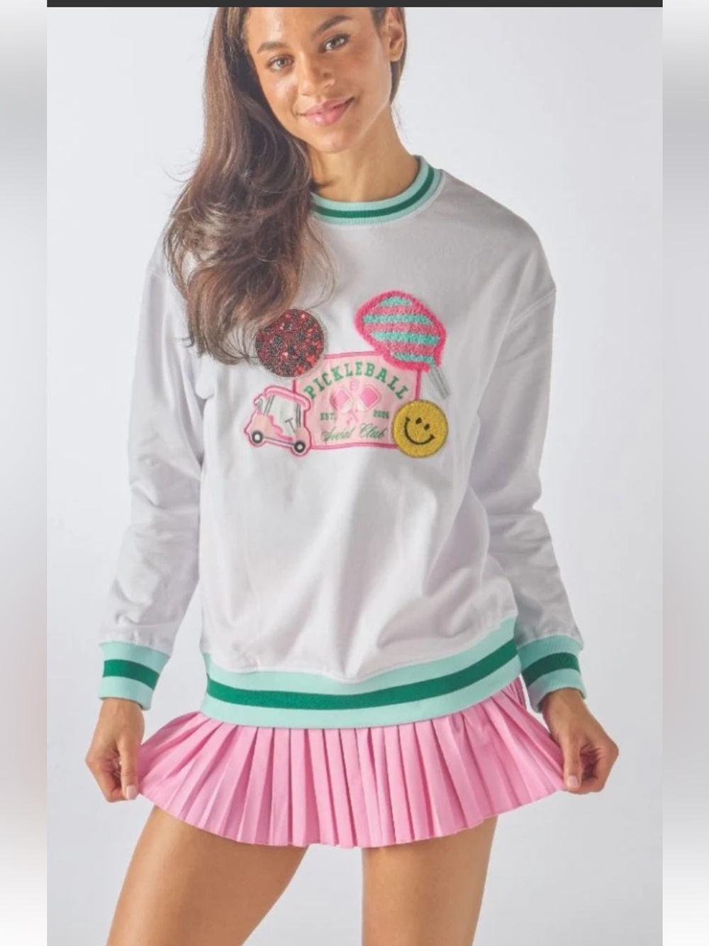 Simply Souther Pickleball White Sweatshirt with Teal Trim and Playful Patch logo